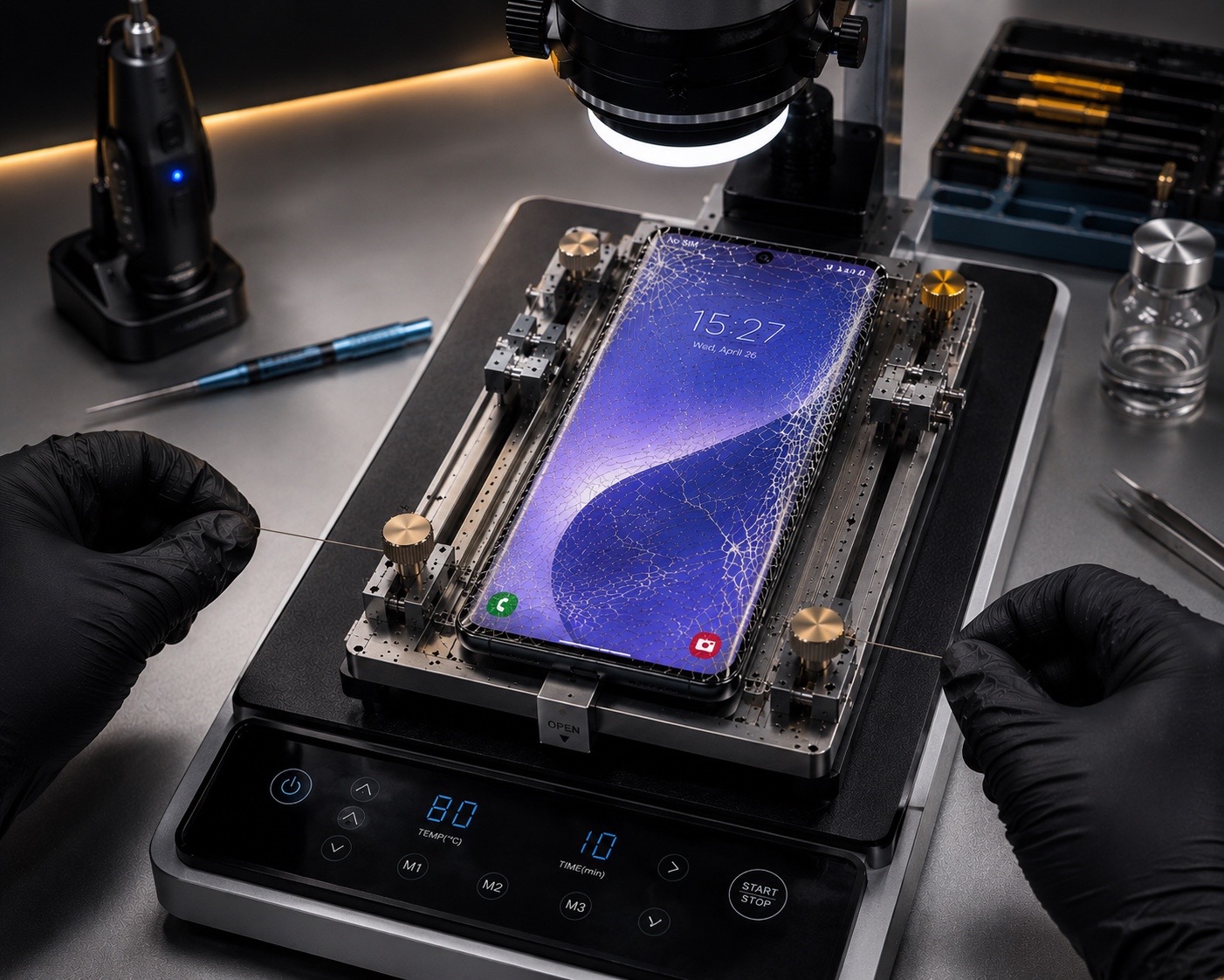 Cracked glass with original OLED intact